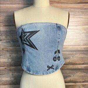 Forever 21 Blue Denim Tube Top Stars, Bows & Cherries NWT!